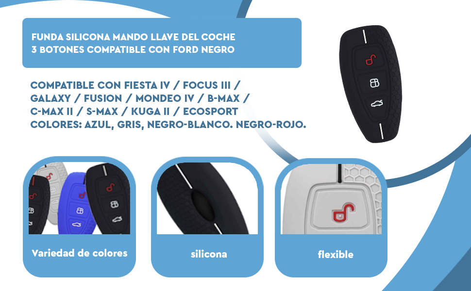 Banner - Funda silicona mando llave del coche 3 botones compatible con Ford Negro-Rojo