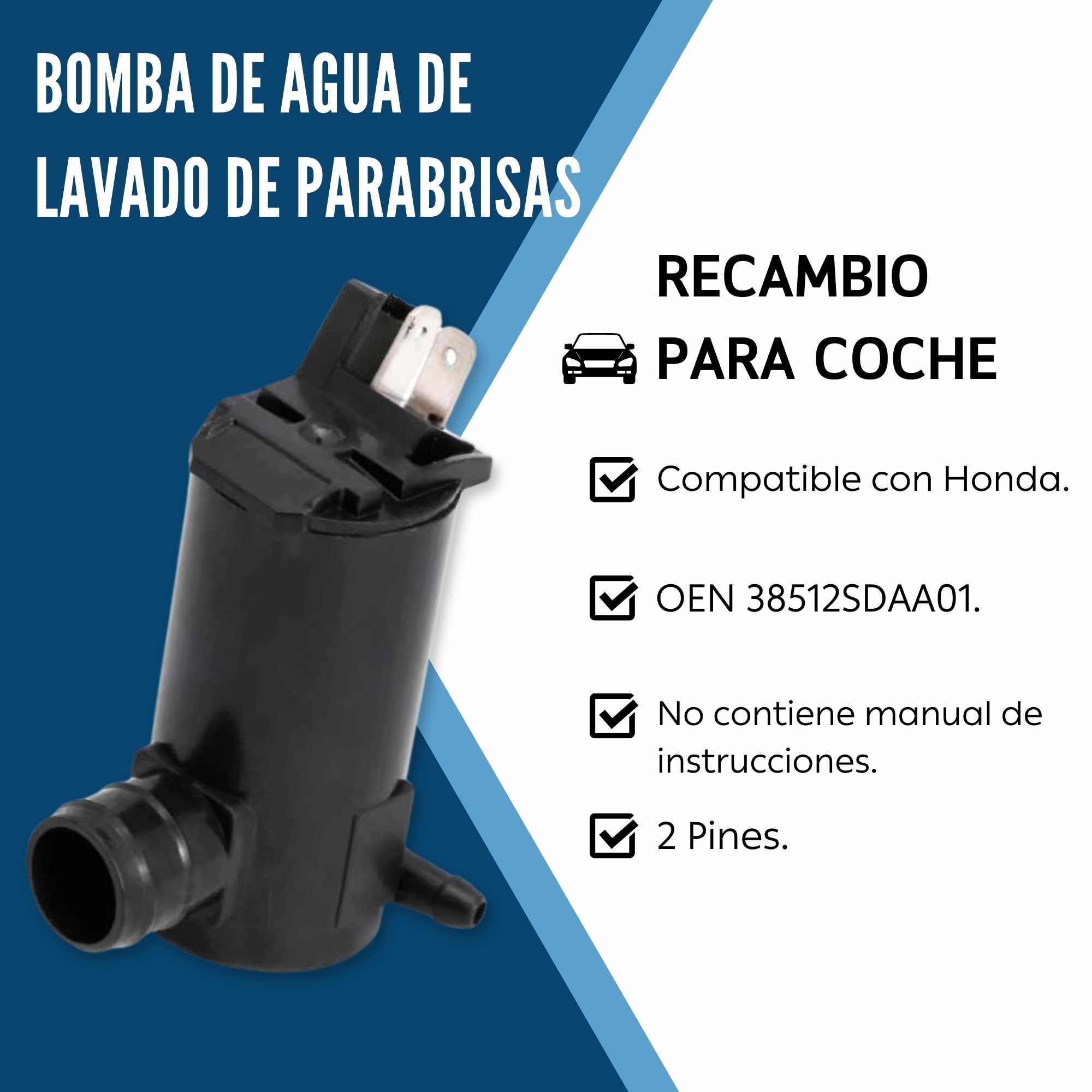 Bomba de agua de lavado parabrisas compatible con Honda 38512SDAA01 - imagen 2