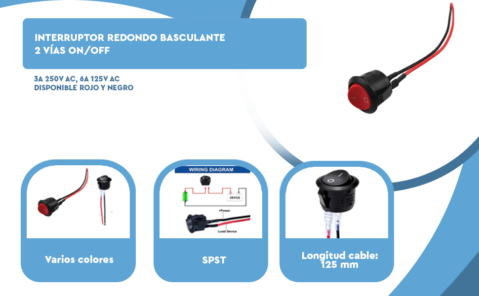 Banner - Interruptor redondo basculante con cable de 2 vias ON/OFF 6A negro
