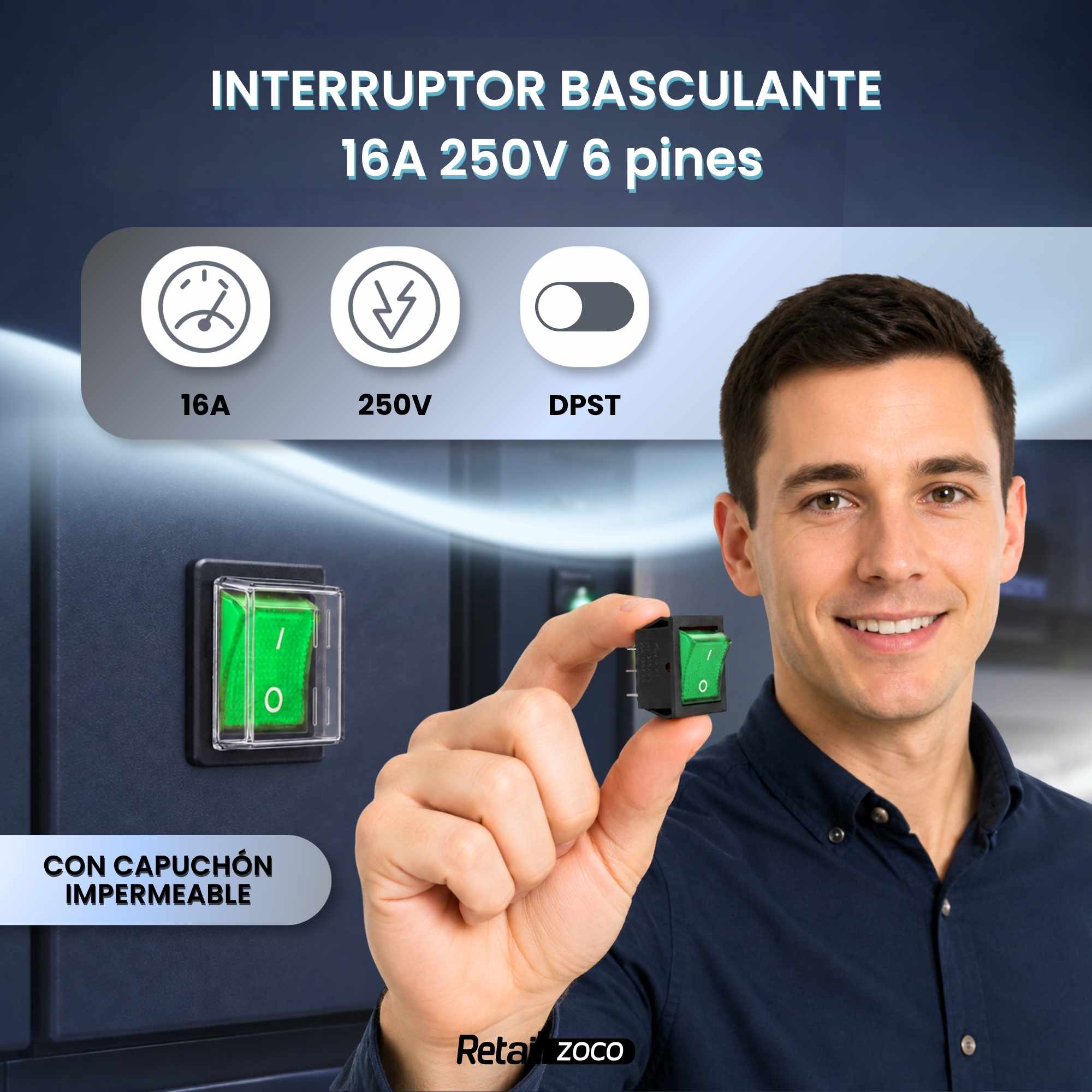 Interruptor basculante ON-OFF DPST 4 vias impermeable Verde 16 A - imagen 2