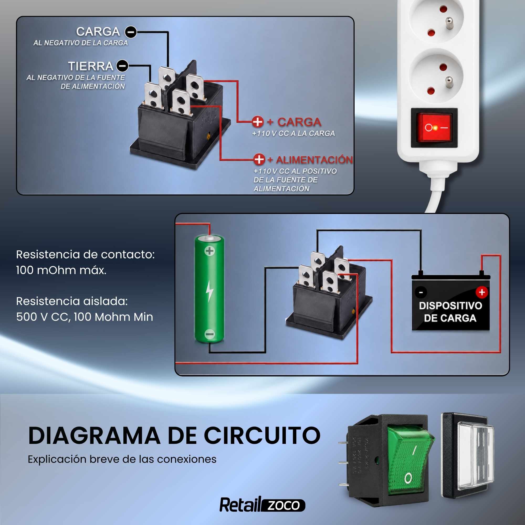 Interruptor basculante ON-OFF DPST 4 vias impermeable Verde 16 A - imagen 4