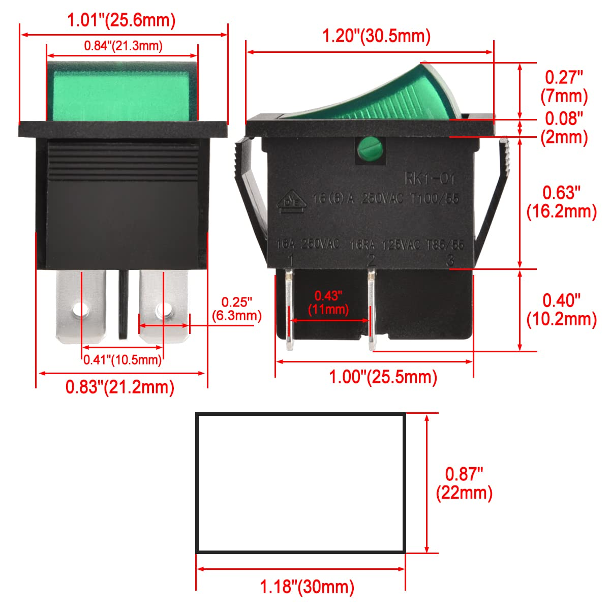 Interruptor basculante ON-OFF DPST 4 vias impermeable Verde 16 A - imagen 5