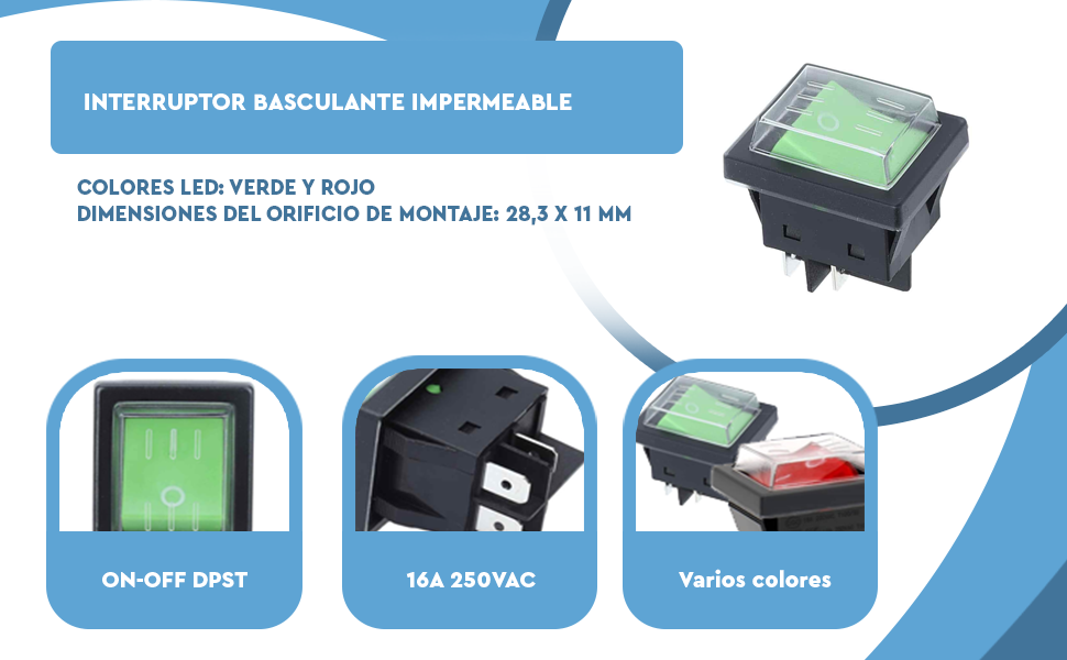 Banner - Interruptor basculante ON-OFF DPST 4 vias impermeable Verde 16 A