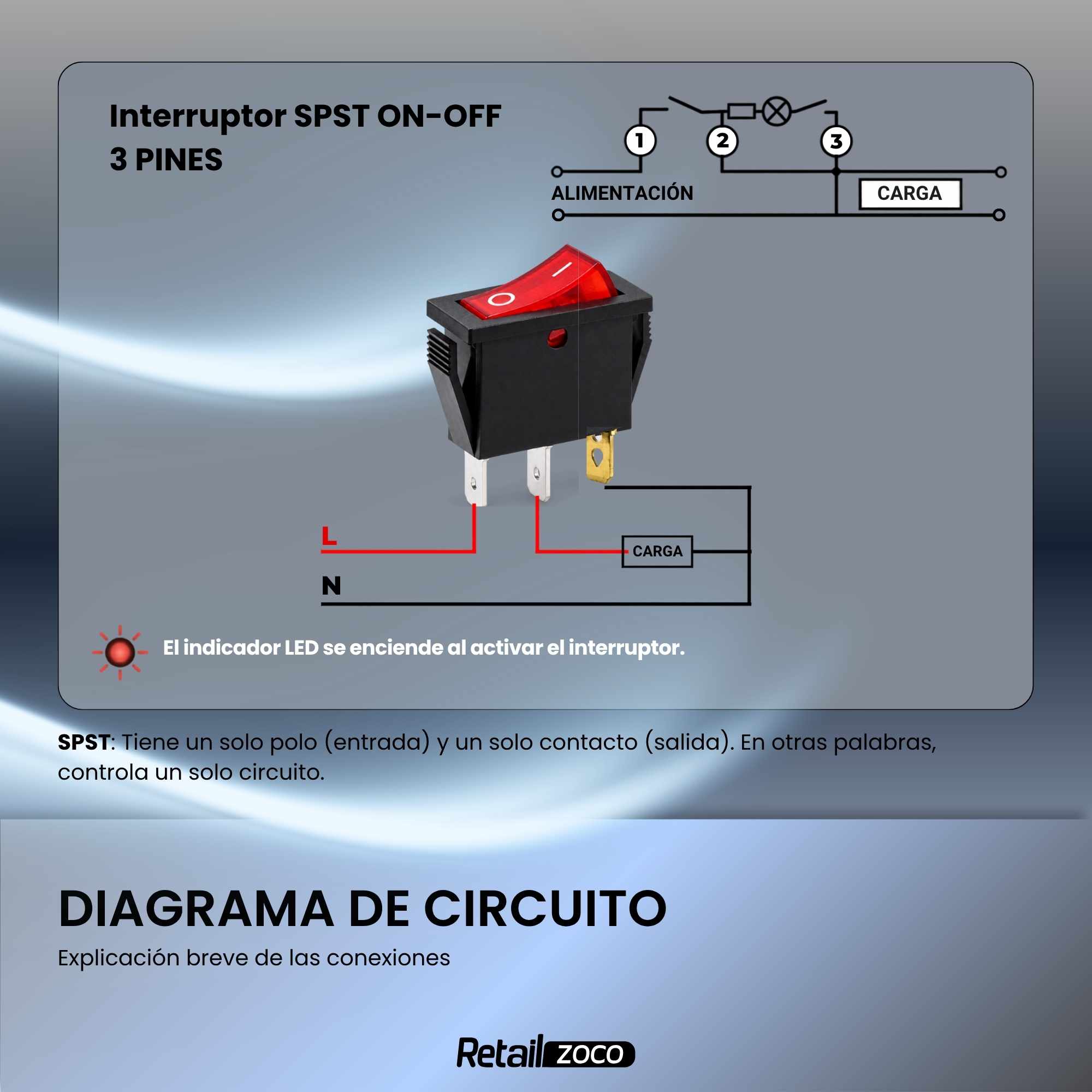 Interruptor basculante ON-OFF SPST 3 pines LED Rojo - imagen 6