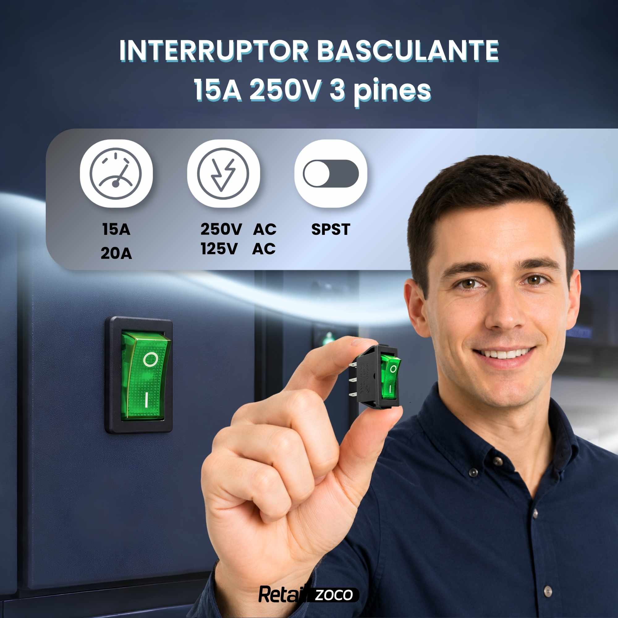 Interruptor basculante ON-OFF SPST 3 pines LED Verde - imagen 2