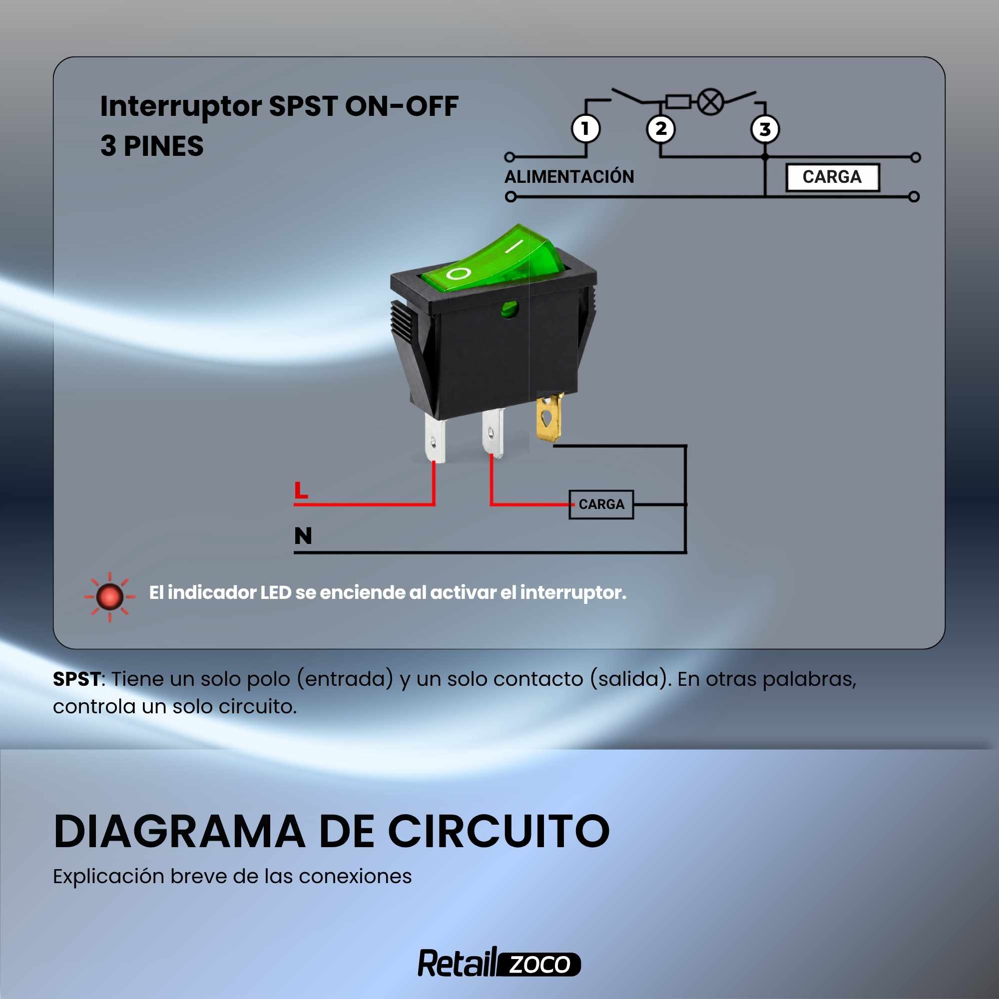 Interruptor basculante ON-OFF SPST 3 pines LED Verde - imagen 4