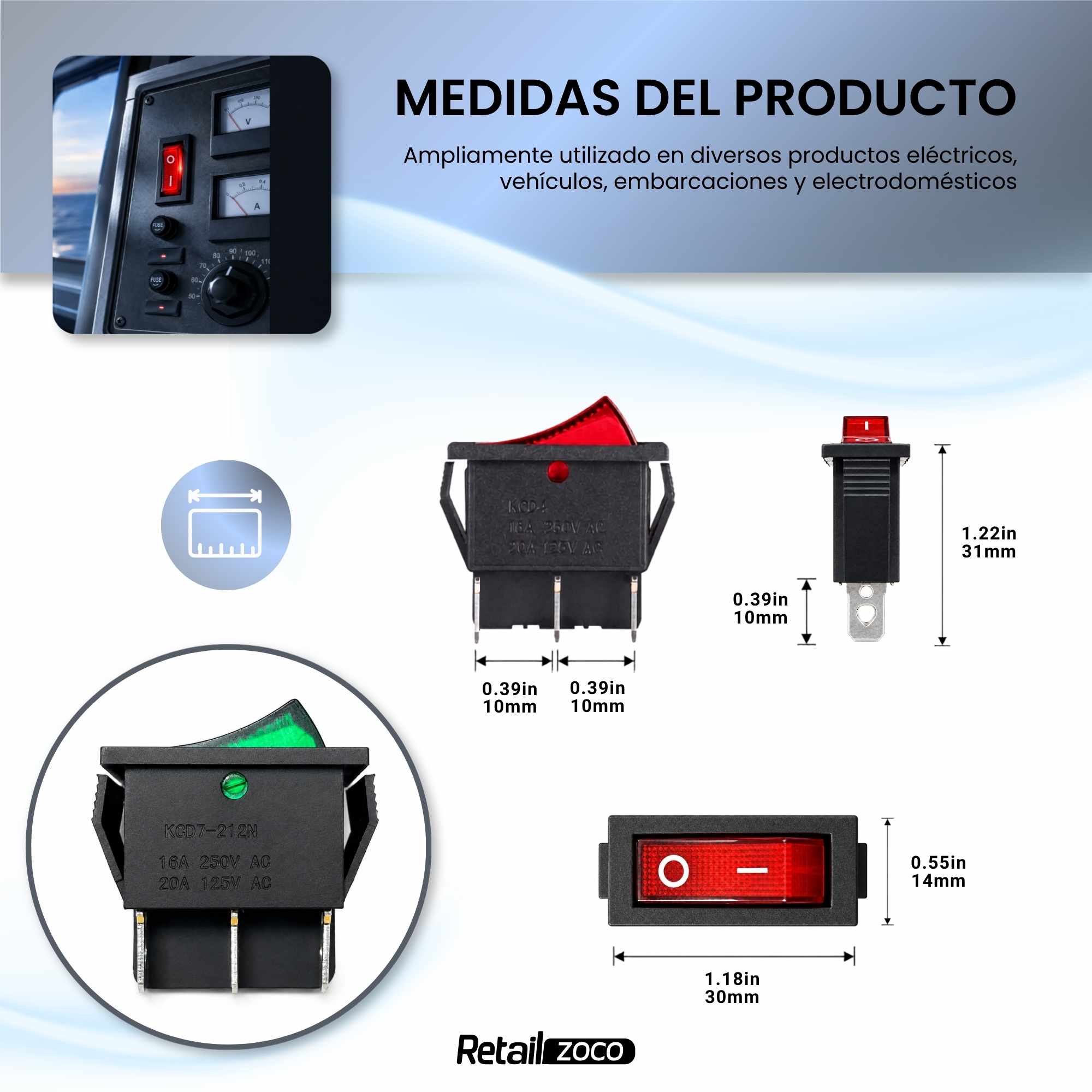 Interruptor basculante ON-OFF SPST 3 pines LED Verde - imagen 6