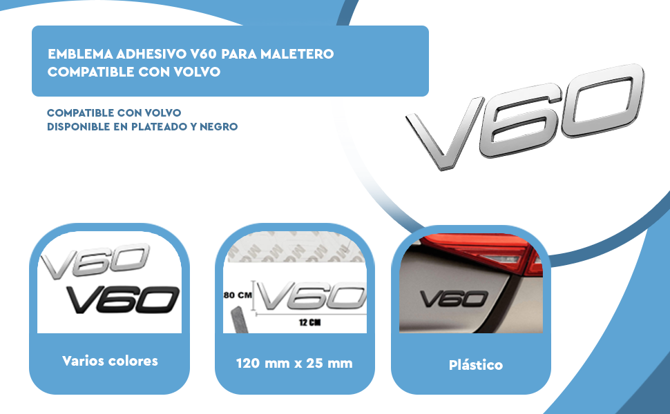 Banner - Emblema Adhesivo V60 para Maletero compatible con Volvo plateado