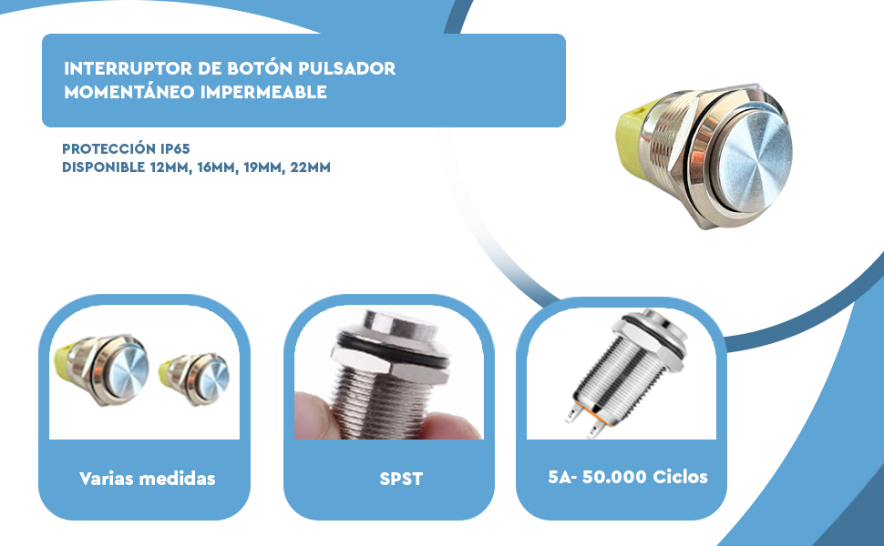 Banner - Interruptor de Botón Pulsador Momentáneo Impermeable SPST NO 5A 22 mm