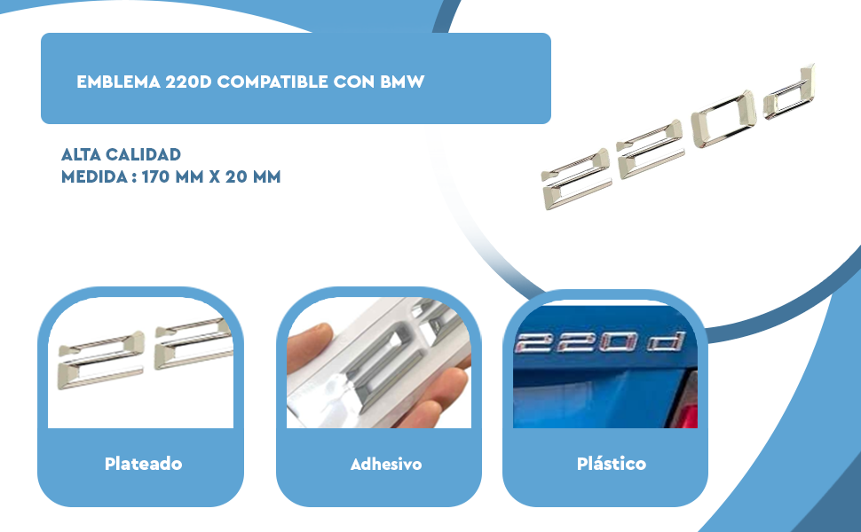 Banner - Emblema 220d adhesivo para maletero compatible con BMW plateado
