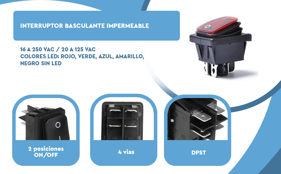 Banner - Interruptor basculante ON-OFF DPST 4 vias impermeable LED azul 20 A