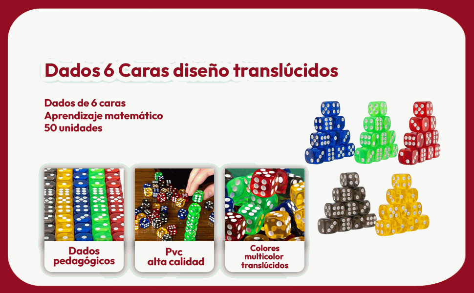Banner - Dados 6 caras de 5 Colores Translúcidos Esquina Redondeados con Bolsa de Almacenamiento 50 unidades