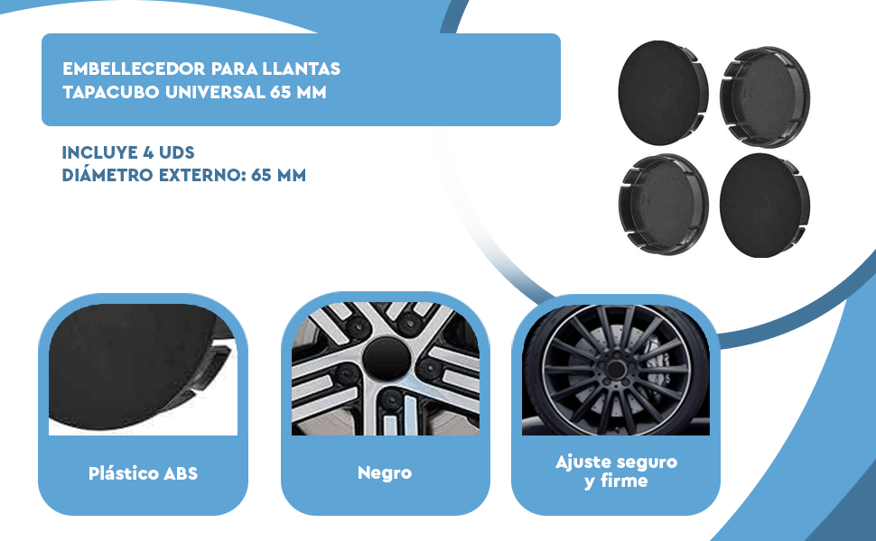 Banner - Embellecedor para llantas tapacubo Universal 65 mm (4 uds) Negro