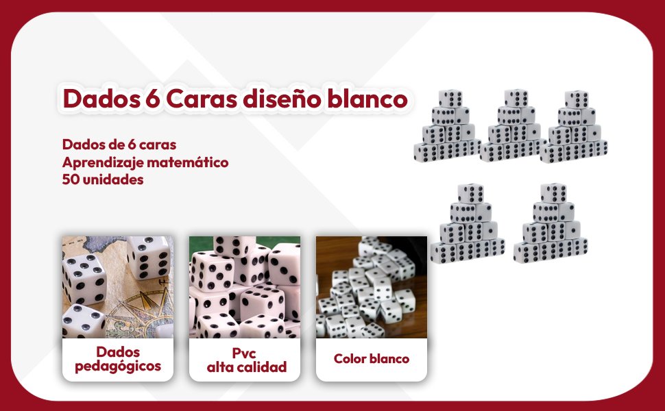 Banner - Dados 6 caras de 5 Color blanco Esquina Redondeados con Bolsa de Almacenamiento 50 unidades