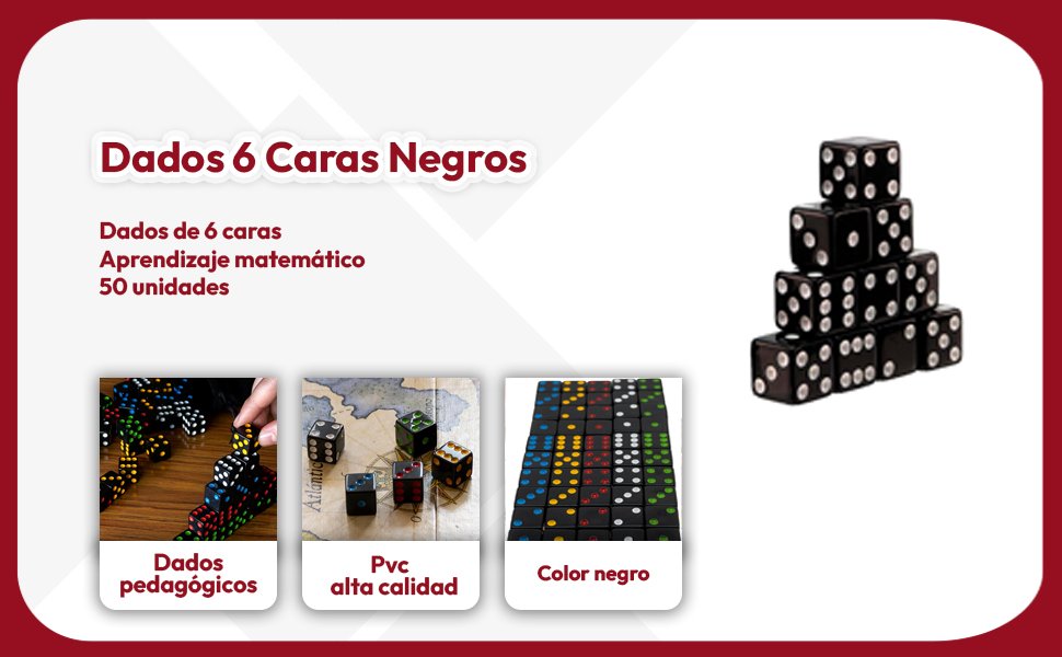 Banner - Dados 6 caras de 5 Color Negro multicolor Esquina Redondeados con Bolsa de Almacenamiento 50 unidades