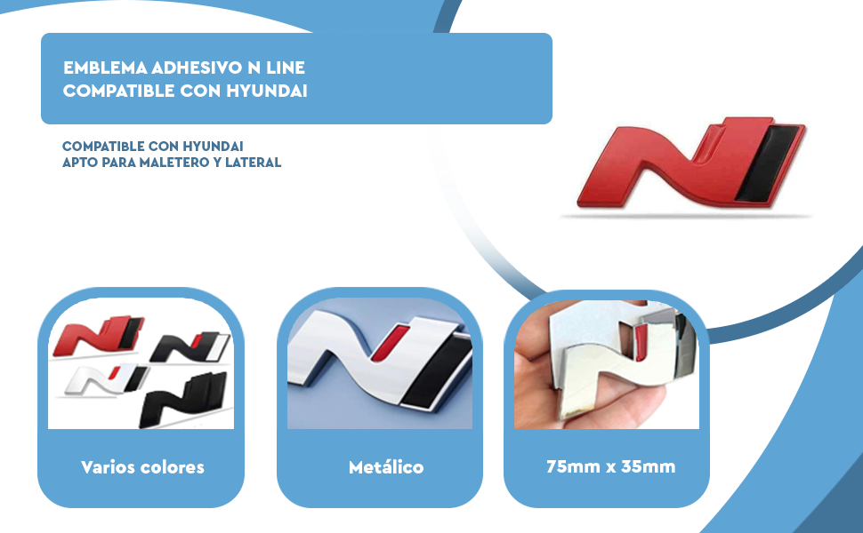 Banner - Emblema N Line corto Adhesivo metealico compatible con Hyundai Plateado brillo y negro