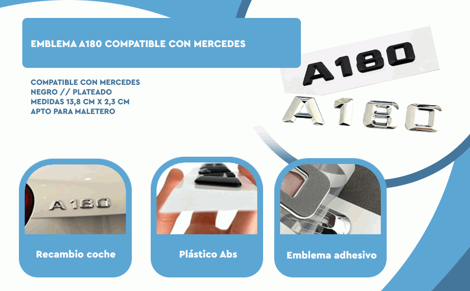 Banner - Emblema A180 adhesivo para maletero compatible con Mercedes Negro brillo