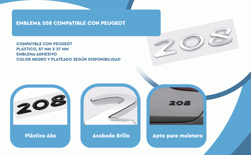 Banner - Emblema 208 adhesivo para maletero compatible con Peugeot negro