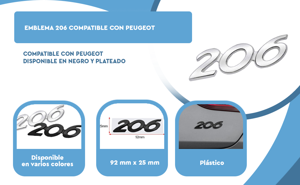Banner - Emblema 206 adhesivo para maletero compatible con Peugeot negro
