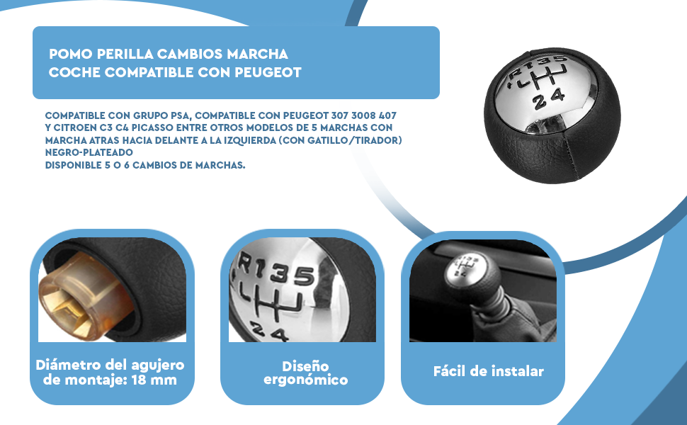 Banner - Pomo perilla de 5 cambios marcha coche compatible con peugeot