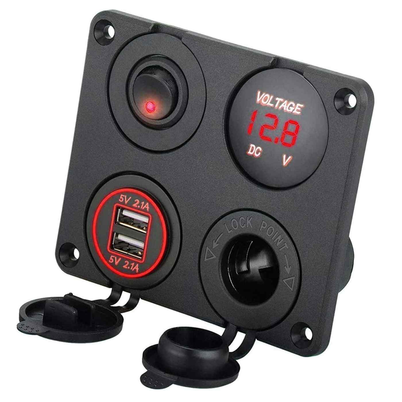 Panel 4 en 1 con cargador Dual USB y Toma de Corriente 12V LED rojo - imagen 1