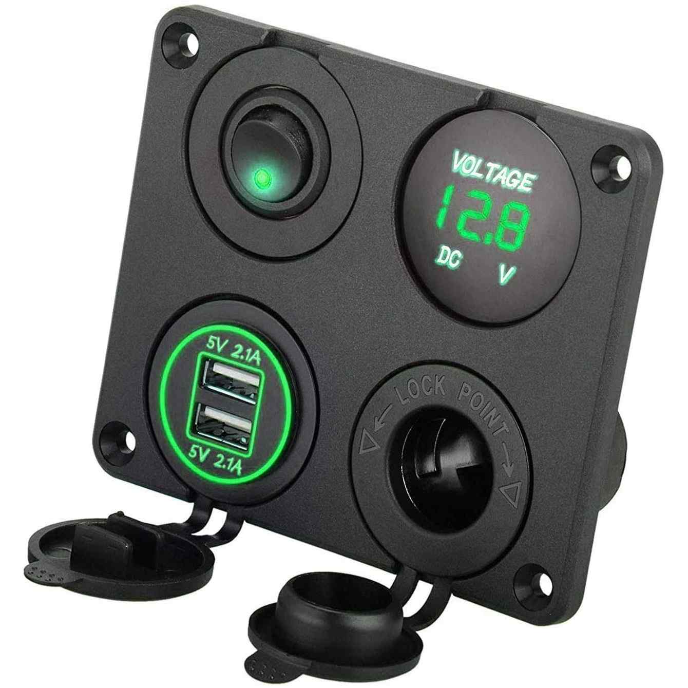 Panel 4 en 1 con cargador Dual USB y Toma de Corriente 12V LED verde - imagen 1
