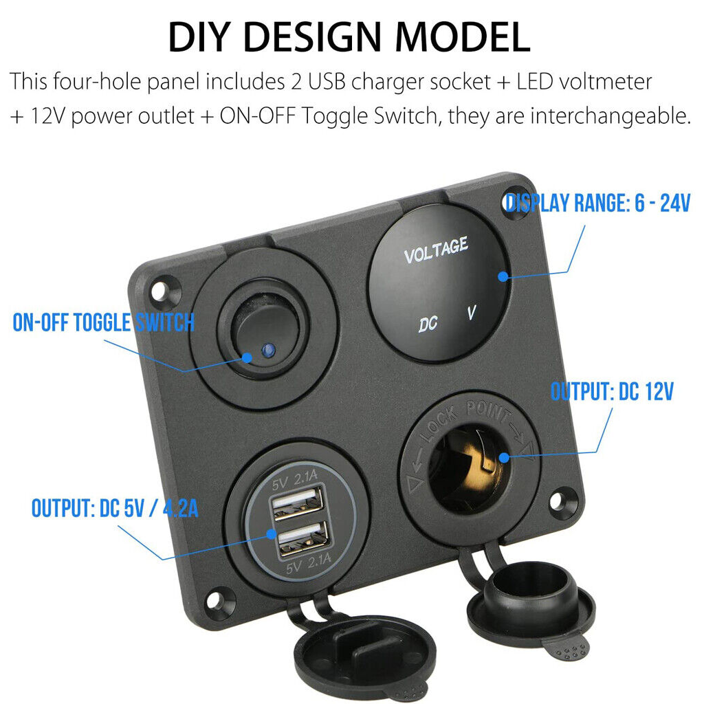 Panel 4 en 1 con cargador Dual USB y Toma de Corriente 12V LED verde - imagen 6