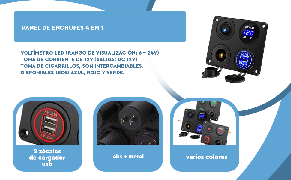 Banner - Panel 4 en 1 con cargador Dual USB y Toma de Corriente 12V LED verde