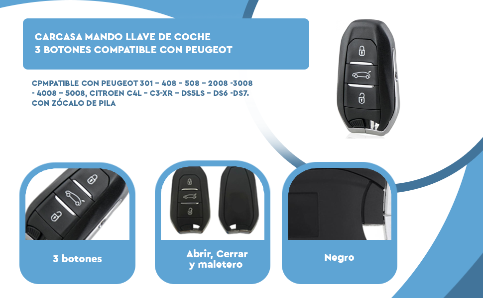 Banner - Carcasa mando llave del coche 3 botones compatible con peugeot y citroen v3