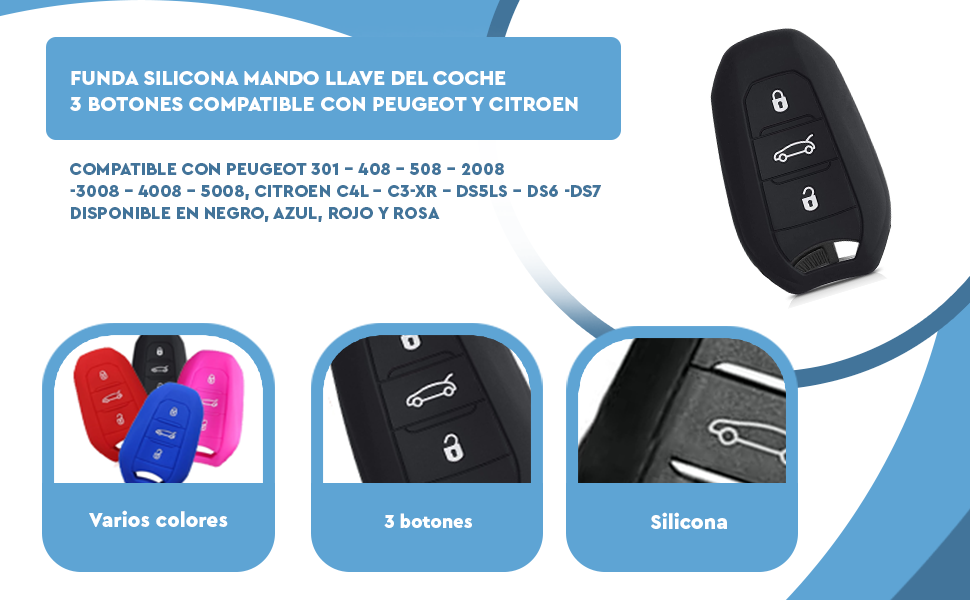 Banner - Funda silicona mando llave coche 3 botones compatible con Peugeot Azul
