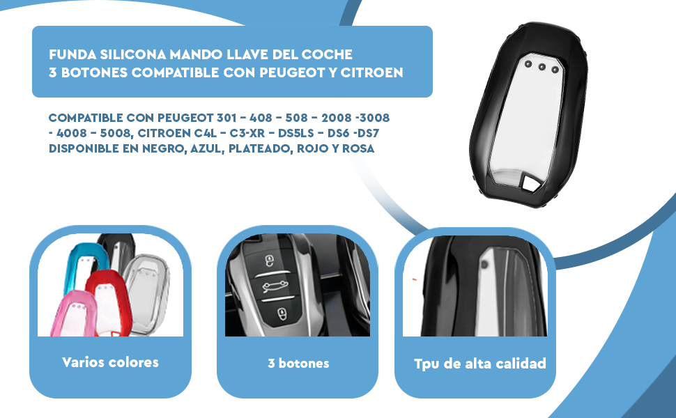 Banner - Funda silicona TPU mando llave coche 3 botones compatible con Peugeot Azul