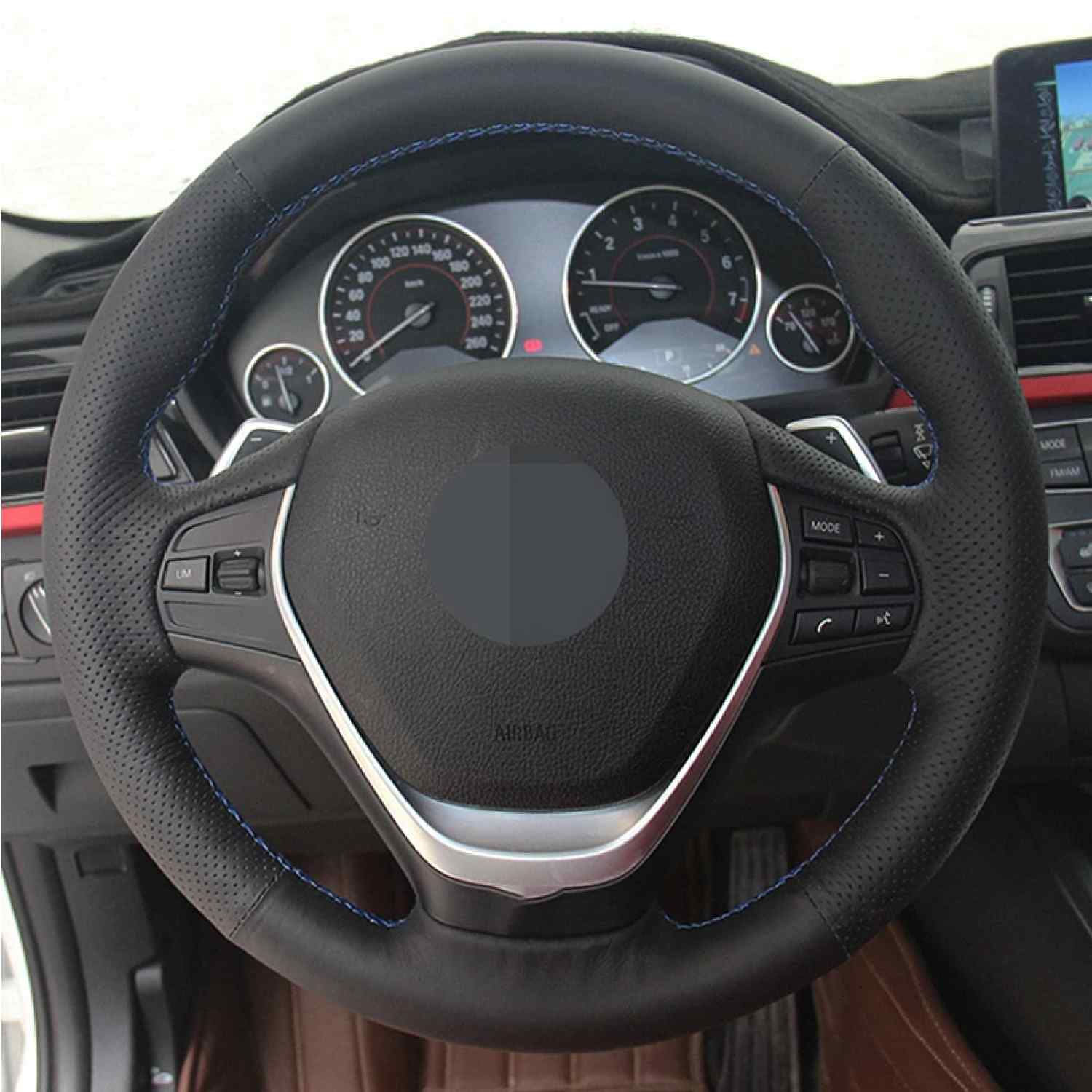 Funda para volante DIY universal cuero 37-38cm hilo azul - imagen 3