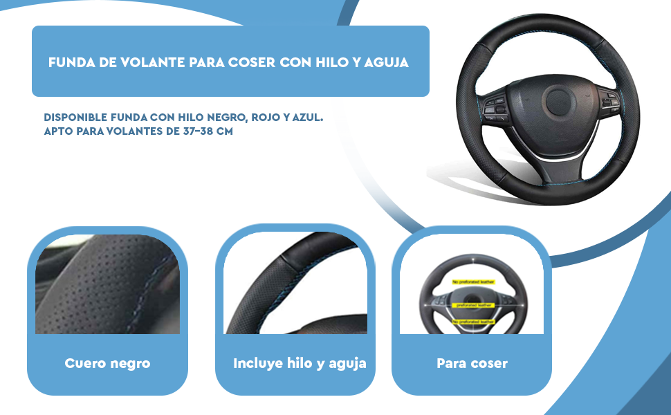 Banner - Funda para volante DIY universal cuero 37-38cm hilo azul