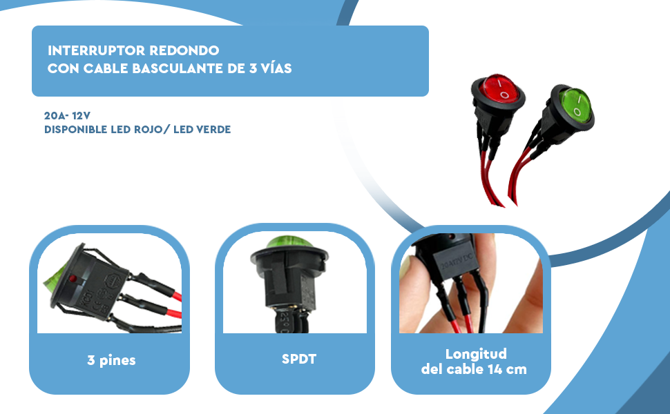 Banner - Interruptor redondo con cable basculante de 3 vias ON/OFF 20A 12V DC SPST rojo