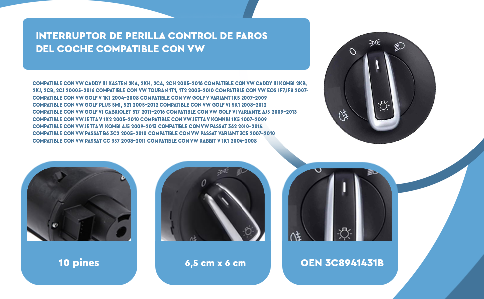 Banner - Interruptor de control de faros del coche compatible con VW OEN 3C8941431B