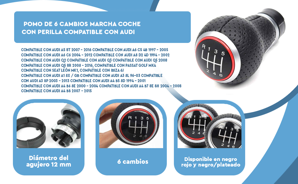 Banner - Pomo de 6 cambios marcha coche compatible con Audi, Seat y VW rojo