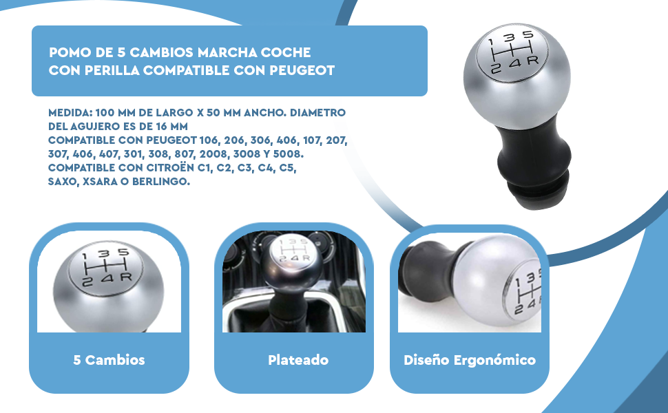 Banner - Pomo de 5 cambios marcha coche compatible con Peugeot