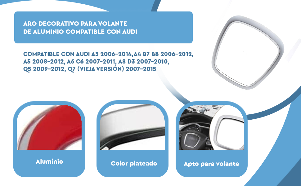 Banner - Aro decorativo adhesivo aluminio para volante compatible con Audi Azul