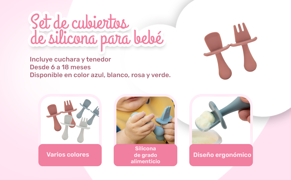 Banner - Cubiertos bebe cuchara y tenedor silicona blanco