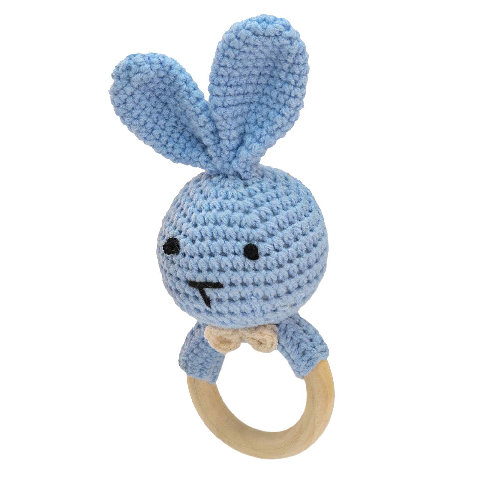 Sonajero para bebe diseño conejo con gancho madera Azul - imagen 1