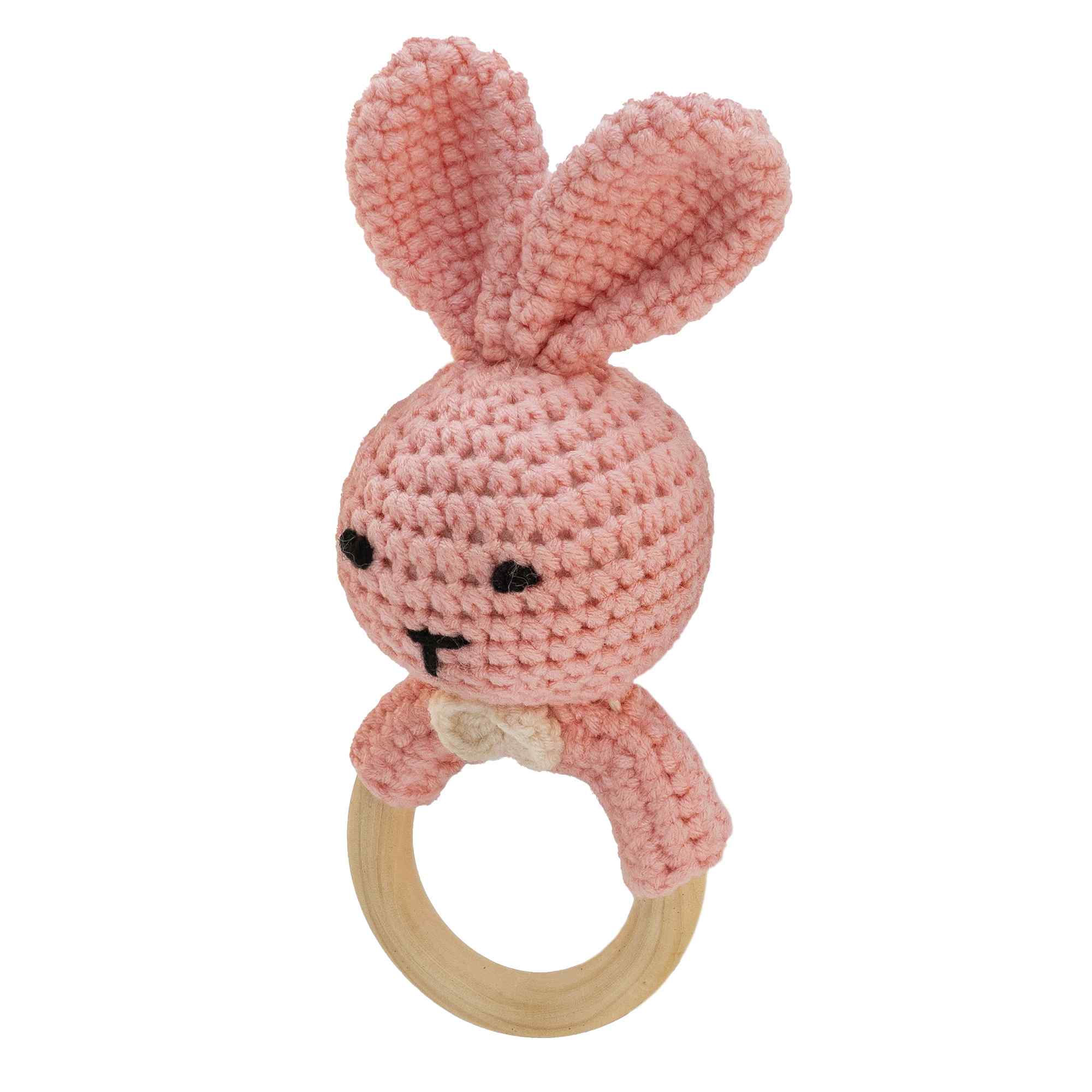 Sonajero para bebe diseño conejo con gancho madera Rosa