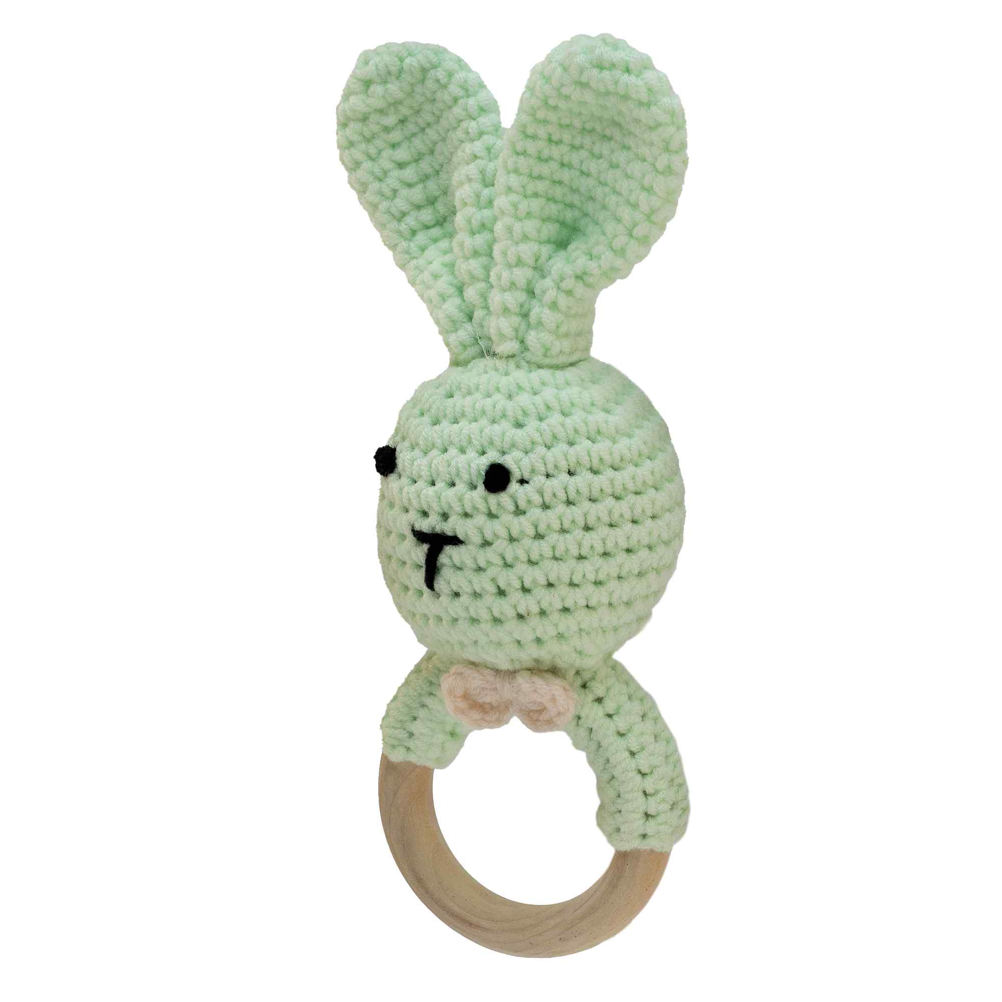 Sonajero para bebe diseño conejo con gancho madera Verde