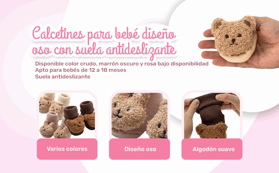 Banner - Calcetín antideslizante para niño 0 a 6 meses de 11 cm Talla S 19 oso beige