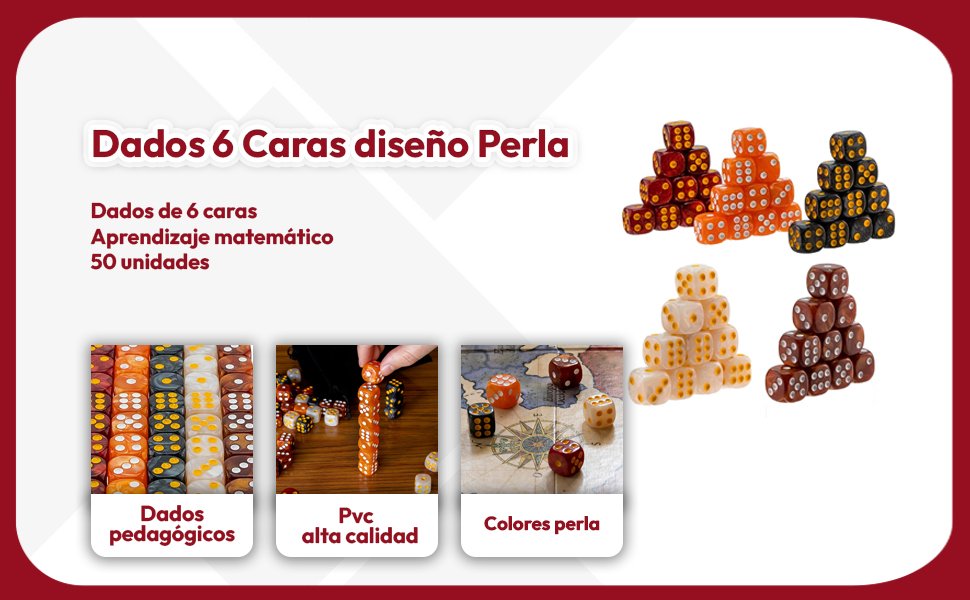 Banner - Dados 6 caras de 5 Colores perla Esquina Redondeados con Bolsa de Almacenamiento 50 unidades