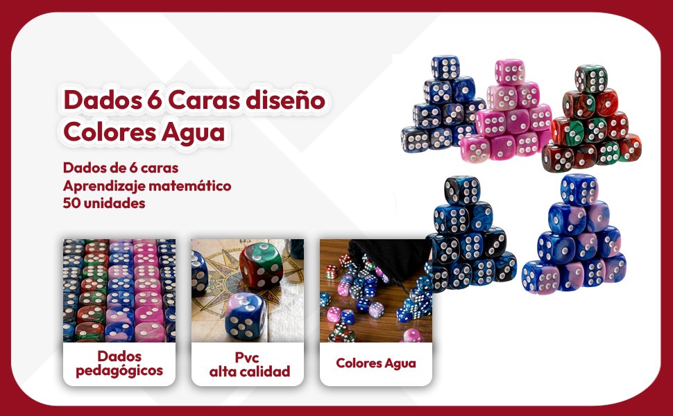 Banner - Dados 6 caras de 5 Colores bicolores Esquina Redondeados con Bolsa de Almacenamiento 50 unidades