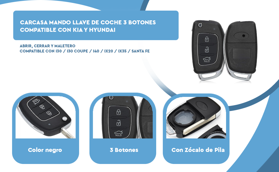 Banner - Carcasa mando llave coche 3 botones compatible con Hyundai