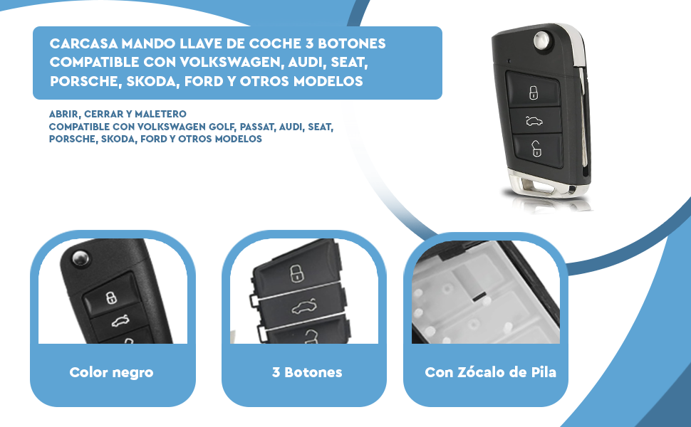 Banner - Carcasa mando llave del coche 3 botones compatible con Volkswagen
