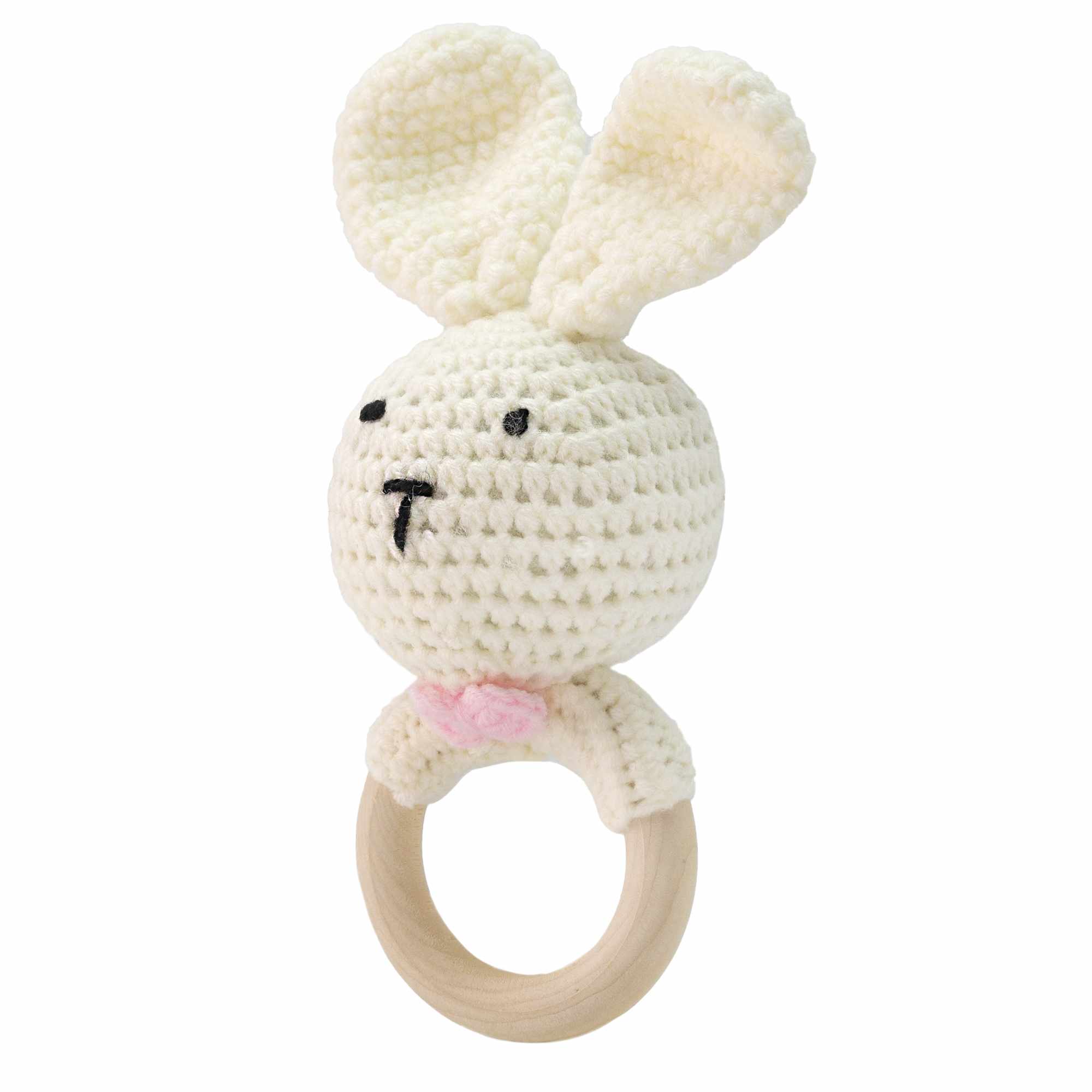 Sonajero para bebe diseño conejo con gancho madera blanco