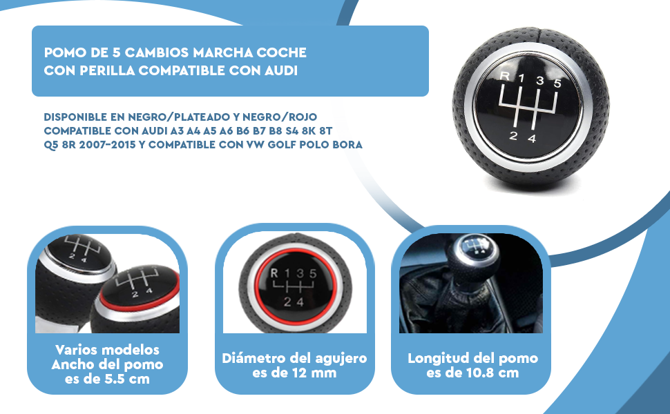 Banner - Pomo de 5 cambios marcha coche compatible con Audi, Seat y VW plateado