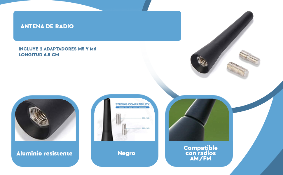 Banner - Antena coche 6.5 cm corta universal con tornillos M5 M6